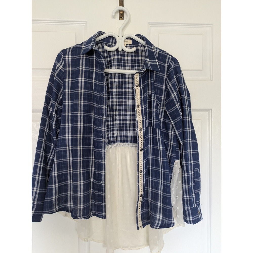 Woman Navy Blue White Checkered Plaid Long Sleeve Shirt Top Sheer Panel Small